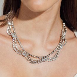 Shiny Crystal Geometric Wave Tassel Necklace Statement Choker Jewellery for Women Rhinestone Multilayer Collar Choker Necklace
