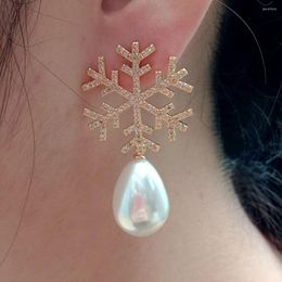 Stud Earrings Teardrop White Sea Shell Pearl Cubic Zirconia Micro Pave Snowflake Cute Style For Women