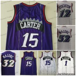 Retro Vince 15 Carter Basketball Jersey 1 McGrady 32 Malone 12 John Purple White Mens Basketball Jerseys Stitched Mesh