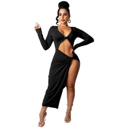 Casual Dresses Cut Out Sexy Bodycon Dress For Women Night Club Outfits Long Sleeve Elegant Midi Evening Party With Slit