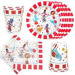 Disposable Dinnerware 44Pcs/set Circus Party Decorations Acrobatic Animal Paper Tableware Set Kids Birthday Supplies for 12 person 221128