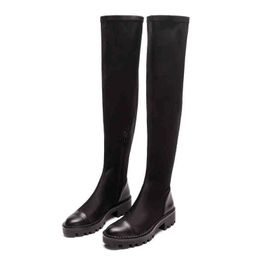 Boots Autumn Women Fashion Elastic Black High Knee Socks Stitching Leather Sexy Party Shoes Lady Over The 220903