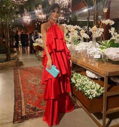 Red Sexy Plus Size Halter Neck Prom Dresses Long for Women Sleeveless Tiered Backless for Special Occasion Banquet Formal Celebrity Party Evening Gowns Custom Made