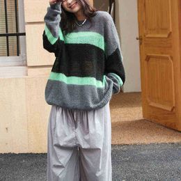 Women's Sweaters Y2K Oversized Thin Sweaters Korean Style Green And Black Striped Sweater Women 2021 New Retro Lazy Sweater Case Clothing Casual J220915