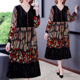 Casual Dresses Autumn Winter Black Velvet Patchwork Midi Dress Women Korean Vintage Casual Long Sleeve Robe Elegant Loose Print Dress 221126