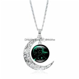 Pendant Necklaces Fashion 12 Constellation Necklace Zodiac Glass Cabochon Pendant Sier Crescent Moon Chain Women Jewelry Drop Delive Dh9M2