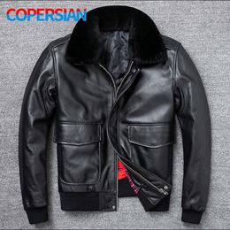Men's Leather Faux Air Force Flight Jacket Fur Collar Genuine Top Layer Cowhide Men Black Coat Winter 221124