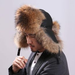 Berets Genuine Raccoon Fur Hat With Ear Flaps Real Natural Caps For Russian Women Bomber Hats Trapper Cap Leather Top