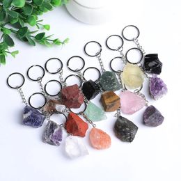 Natural Raw Stone Fluorite Amethyst Key Rings Keychains Gem Quartz Citrine Irregular Stone Pendants Charms Keyring Car Decor Keychain Keyholder