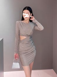 Party Dresses High Neck Prom Dresses One Shoulder Long Sleeves Midi Length Lady Cocktail Party Dress Modern Evening Gowns BS158