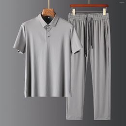 Men's T Shirts Skating Silk Fabric Leisure Suit Two-piece Set Luxury Ultra-thin Seamless Rubber Lapel Short Sleeve