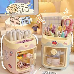 Other Home Storage Organisation 1PC Kawaii Pig Pen Pencil Pot Holder Brush Container Desk Organiser Multifunction washi tape Stationery Office Supplies 221128