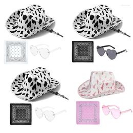 Berets Mens Western Cowboy Hat Bandana Sunglasses Set Rave Cowgirl Cow Print One Size Fit For Most Men And Women 3XUA