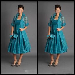 Elegant A Line Plus Size Short Mother of The Bride Dresses Jacket Teal Length Suits Evening Gowns Organza