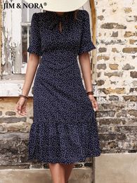 Casual Dresses JIM NORA Women Casual Dot Printed Summer Midi Dress Vintage Elegant Holiday Loose Dresses Lace Up Tunic Sundress 221126