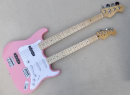 Pink 4 and 6 strings double neck electric guitar with maple fretboard white pickguard chrome hardware