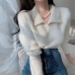 Women's Sweaters Fluffy Pullover Woman Turn Down Collar Solid Colour Korean Fashion Long Sleeve Pullovers Sweet Soft Sweater Female Drop 221128