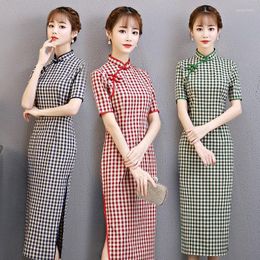 Ethnic Clothing 2022 Cotton Checked Cheongsam Long Style Slim Literary And Improved Fair Lady Temperament Chinese Dress Qipao