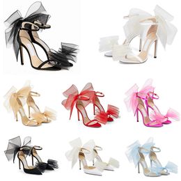 2023 Sandali firmati Averly Décolleté con fiocchi Scarpe con scatola Tacchi alti da donna di lusso Sandalo Aveline con fascinator in maglia di grosgrain asimmetrico taglia 35-42