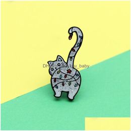 Pins Brooches Naughty Cat Brooch Cartoon Animal Enamel Pin For Children Lantern Wraps Around The Body With Raised Tail Metal Badges Dhnzh