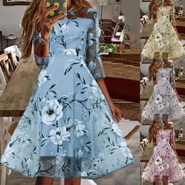 Casual Dresses vestidos de verano mujer Women's Summer Casual Plants Print Elastic Waist Loose Chiffon Dress 221126