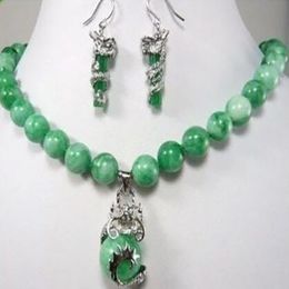 Beautiful color green jade dragon pendant necklace earring set