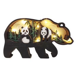 Garden Decorations Christmas Wooden Hollow Out Craft Desktop Ornaments Creative Panda Lighting Figurines Miniatures Holiday Party Home Decoration 221126