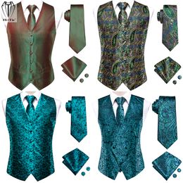 Men's Vests Hi-Tie Brand Silk Mens Green Teal Waistcoat Jacket Tie Pocket Square Cufflinks for Men Dress Suit Wedding Party Business 221124