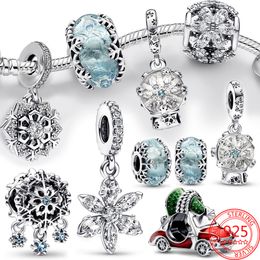 The New Popular 925 Sterling Silver Winter Series Snowflake Charm Blue Glass Beads Suitable for Pandora Bracelet Girl Christmas Gift
