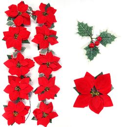 Christmas Decorations 2m 10LED Poinsettia Garland string lights with Red Berries Leaves Battery Operated Christmas tree Decorations flower lights Noel 221125