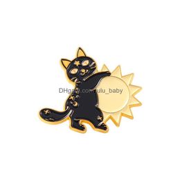 Pins Brooches Punk Black Cat Brooches For Women Gold Plated Alloy Badges Cute Sun Moon Collar Pin Denim Shirt Jewellery Gift Bag Hat Dhh4T