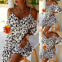 Casual Dresses Plus Size Summer Ladies Suspender Leopard Print Mini Skirt Women Sleeveless V Neck Puff Sleeves Casual Street Dress Robe 221126