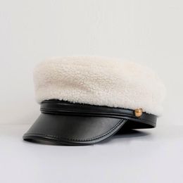 Berets Women White Wool Cap Black PU Leather Visor Hats Sboy Baker Boy Adjustable For Ladies Big Size S/M/L/XL