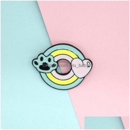 Pins Brooches Cute Cartoon Rainbow Round Brooches Red Heart Cat Claw Enamel Pins Alloy Brooch For Women Funny Denim Shirt Badge Jew Dhxzu