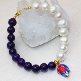 Strand Diseño original de 9-10 mm Pearl Natural Parl Purple Jades Beads redondos Bracelets para mujeres Joyas Cloisonne 7.5 pulgadas B2988