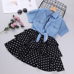 Clothing Sets Summer Girls Short Sleeved Denim Jacket Wave Point Suspender Skirt Set Childrens Fashion Leisure Sweet