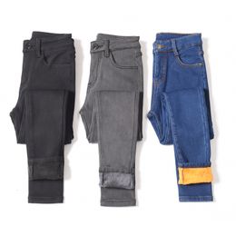 Jeans da donna caldo inverno taglia slim donna pantaloni in denim di cotone elasticizzato avanzato pantaloni in pile spesso studente blu nero grigio 221128