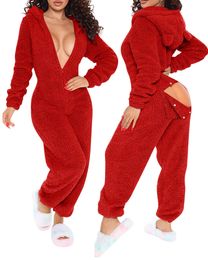 Womens Two Piece Pants Sexy Women Christmas Cutout 3D Ear Buttoned Flap Functional Fluffy Lounge Jumpsuit Button Design Plunge 221129