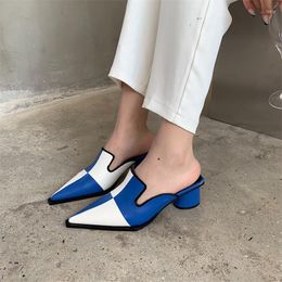 Slippers Pointed Toe Women Fashion Plaid Slip On Mules Shoes Round Low Heel Ladies Slides Sandal Sandaleas De Mujer