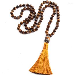 Chains Fashion Bohemian Tribal Jewellery Tiger Eye Stones Beads Knotted Handmake Paved Tassel Necklace For Women