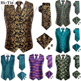 Men's Vests Hi-Tie Black Gold Floral Silk Dress Set For Men Dark Blue Jacquard Suit Male Waistcoat Wedding mal Jacket 221128