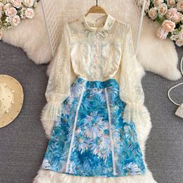 Small Fragrant Style Diamond Collar Dress Celebrity Style Mesh Embroidery Stitching Slim A-line Jacquard Skirts