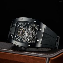 Wristwatches OBLVLO Top Brand Black Sport Watch For Man Square Skeleton Steel Automatic Mechanical Rubber Strap EM-ST