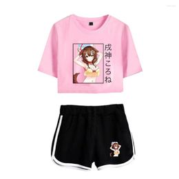 Women's Tracksuits Summer Women's Sets Anime Inugami Korone Short Sleeve Crop Top Shorts Sweat Suits Women Tracksuit Two Piece Outfits