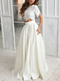 Short Sleeves Appliques Two Pieces Beach Wedding Dress Fashion Special Quarter Sleeve Applique Handmade Beaded Pocket Two Piece