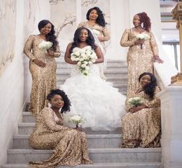 2023 Gold Sequins Bridesmaid Dresses V Neck Long Sleeves Mermaid Custom Made Maid Of Honour Gown Country Wedding Wear Plus Size 403 403