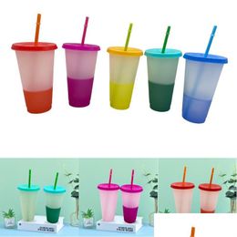 Mugs 700Ml Colourf Mugs Reusableplastic Drinking Mug 24Oz Temperature Color Changing Magic Pp Cup Lid And St Drop Delivery Home Gard Dhzej