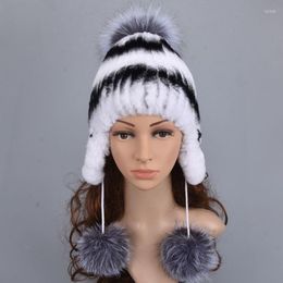 Berets Winter Real Rex Fur Hats Women Beanies Natural Ear Protect Hat Lady Cap With Cute Pompom Ball Warm