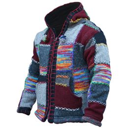 Men's Sweaters Stitching Ethnic Colour Knit Coat Thick Winter Warm Hooded Jacket Mountain Men Cardigan Harajuku Patchwork Coats 221128