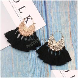 Dangle Chandelier Fashion Womens Tassel Dangle Earrings Geometric Woven Pattern Fanshaped Alloy Hollow Pendant Boho Ornament Weddi Dhmpi